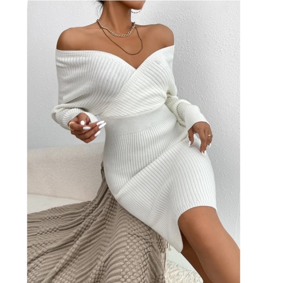 White Off Shoulder V-Neck Rib Knit Sweater Mini Short Dress Long Sleeve - Picture 2 of 9